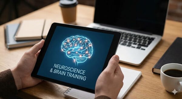Hands holding a tablet displaying a glowing digital brain illustration with the title 'Neuroscience & Brain Training
