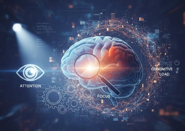Neuroplasticity - rewire your brain - A digital illustration of a human brain surrounded by glowing data networks and icons representing focus, cognitive load, and attention.