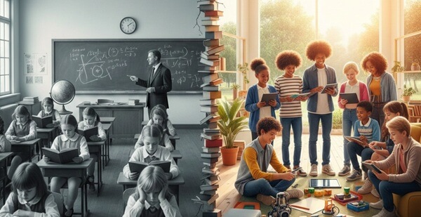 a dual image of comparison between a traditional classroom and a modern classroom symbolizing Why Traditional Education Fails Modern Brains