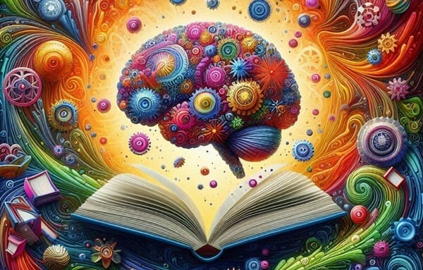 A symbolic image of a geared brain above a text book