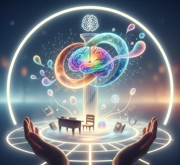 a Symbolic image of two hands carefully in circling a neon colored brain