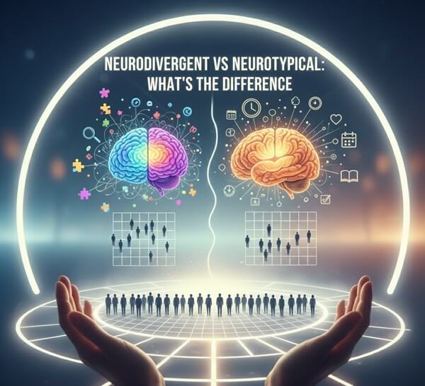 A symbolic image of two hands holding a neurodiverse brain and a neurotypical brain