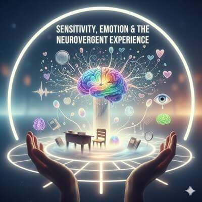 a symbolic image of two hands holding a neon colored brain and icon of emotions