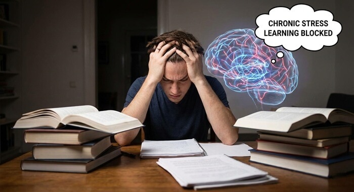 Person sitting at a desk looking overwhelmed, representing how chronic stress affects the brain’s ability to learn