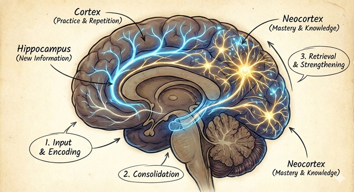 Illustrated diagram of a human brain with glowing neural connections, highlighting how the brain learns-ShiftEd-Minds