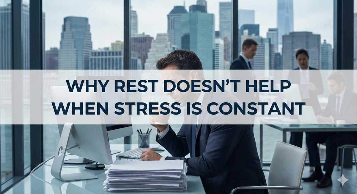 an image of a stressed man at his desk- Why Rest Doesn't Help When Stress Is Constant