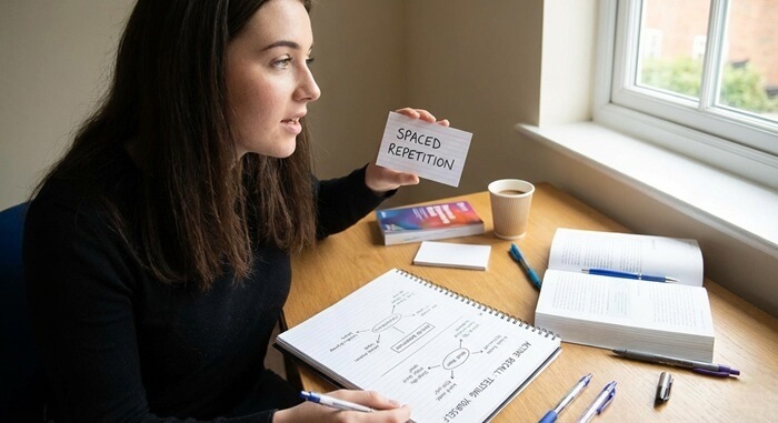 Person studying with notes and flashcards, representing active recall and evidence-based learning strategies