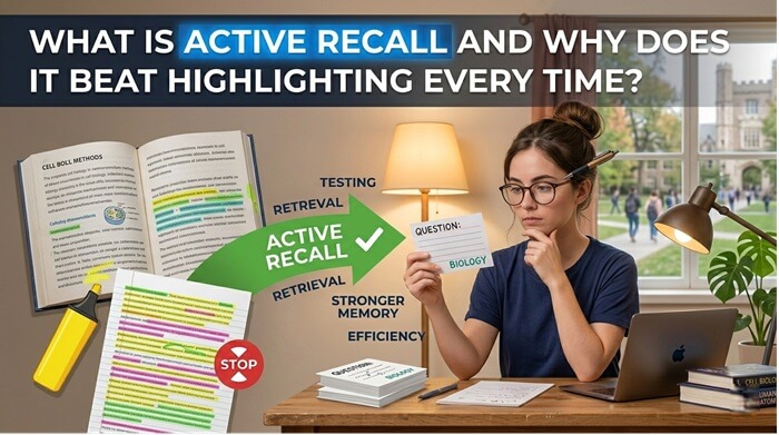 Student testing themselves with flashcards, representing active recall study technique