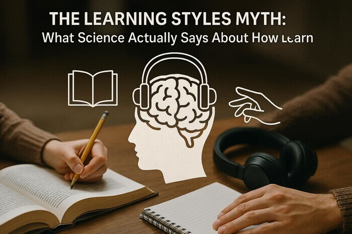 Learning style myths - Illustration showing multiple learning methods - reading, listening, hands-on practice - representing the flexibility of how the brain actually learns