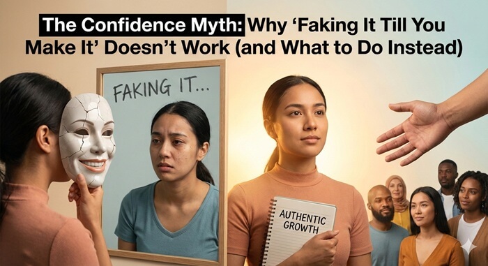 The Confidence Myth - a dual image, symbolizing, fake it on the left and authentic growth on the right