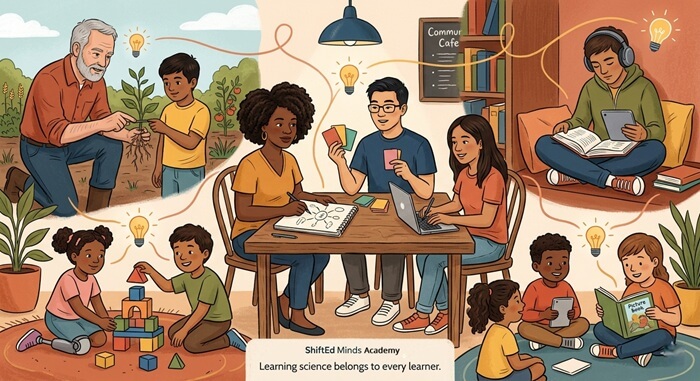 Diverse group of people learning in different ways — representing the ShiftEd Minds principle that neuroscience-based learning strategies work for every brain